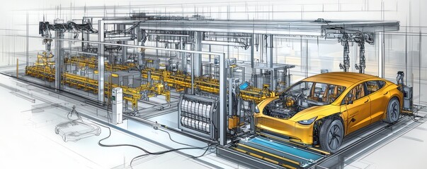 Technical drawing of a compact electric vehicle manufacturing facility, highlighting robotic assembly lines and battery testing areas