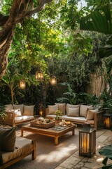 Obraz premium Cozy outdoor living area with natural textures and greenery in a serene garden setting