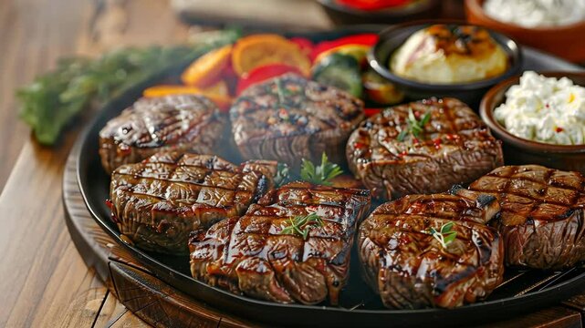 A platter of grilled steaks sits on a wooden table, ready to be devoured