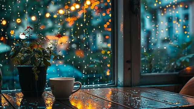 A cup of coffee sits on a table by the window during a rainy evening