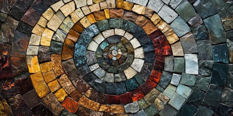 Fototapeta premium A stunning circular mosaic made from colorful stone tiles. Each piece has unique hues and textures. This artwork displays artistic craftsmanship and is ideal for home decor. AI