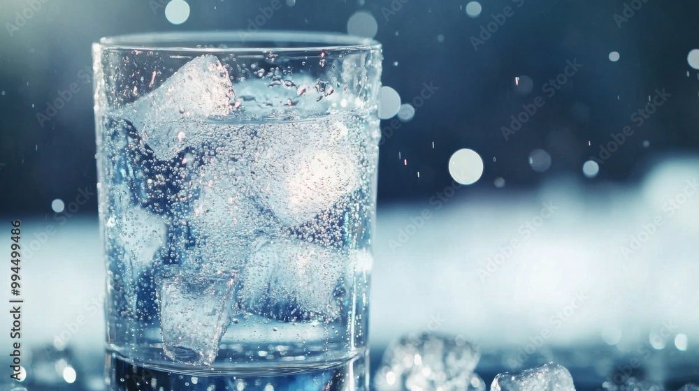 Poster refreshing glass of iced water with ice cubes on a table surrounded by soft bokeh lights