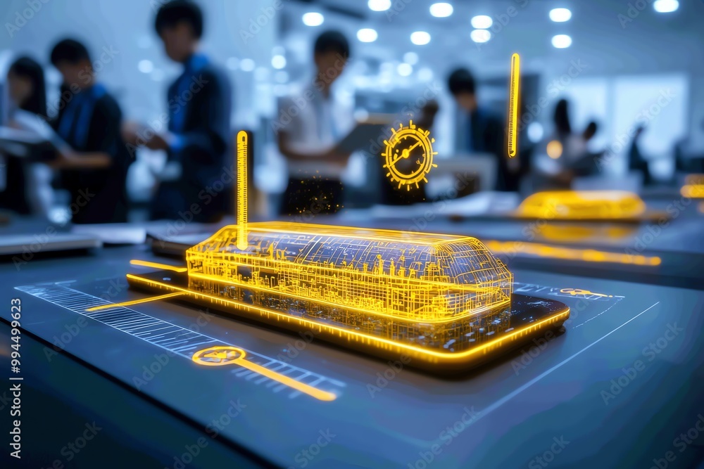 Poster a futuristic classroom where students use holographic educational tools, with floating rulers and co
