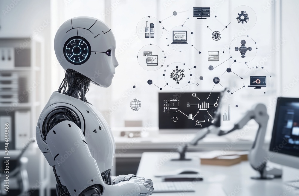 Poster a futuristic robot in deep thought surrounded by digital icons representing artificial intelligence 