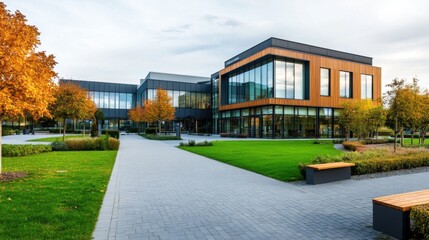 Modern Office Building Surrounded by Green Landscape