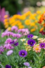 Vibrant flower bed featuring a mix of purple, orange, and yellow blooms in a lush garden