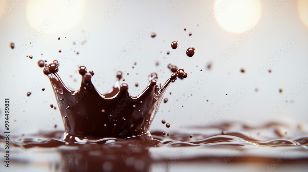 Poster chocolate splash creating a crown shape on a smooth surface in a softly lit environment