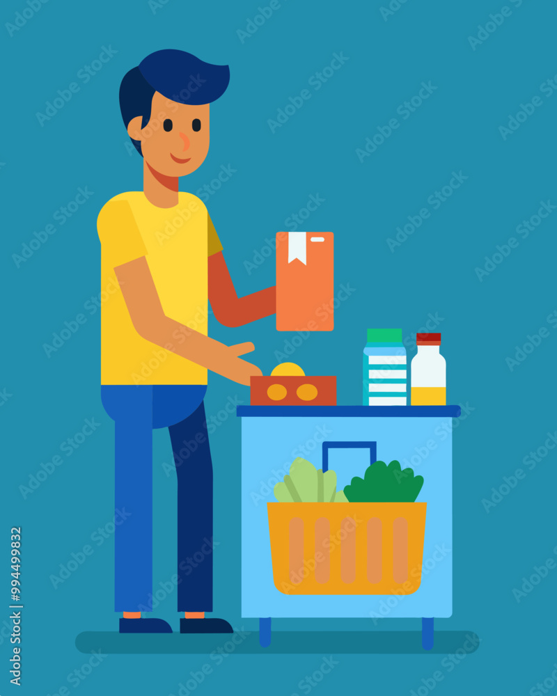 Poster a person stocking up on nonperishable items during a sale to save money in the long run.. vector ill