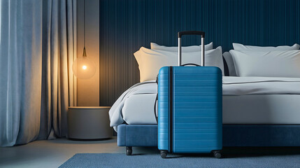 Suitcase and luggage or baggage in hotel bedroom, tourist arrival at apartment, travel vacation trip room, holiday bed for relax, tourism lifestyle comfort, guest resort journey indoors