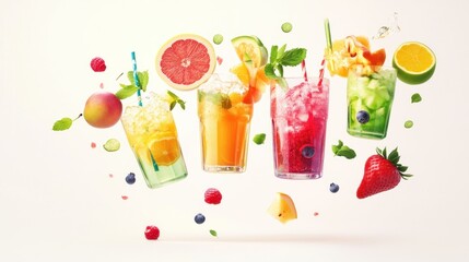 Four Glasses of Colorful Fruit-Infused Beverages with Floating Ingredients