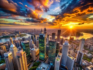 Stunning panoramic view from a high observation deck overlooking a vibrant city skyline at sunset