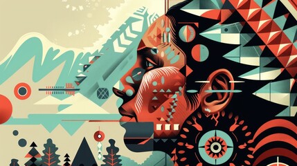 An illustration of a native american face in profile, styled as an Art Deco poster with flat colors and geometric shapes that represent the native american heritage month