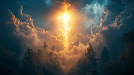 Shining Light of Forgiveness, a beam of light breaking through clouds, symbolizing divine forgiveness, with copy space, Yom Kippur