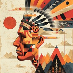 An illustration of a native american face in profile, styled as an Art Deco poster with flat colors and geometric shapes that represent the native american heritage month