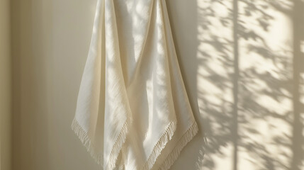 White Prayer Shawl, a white tallit hanging in serene silence, symbolizing purity, with copy space, Yom Kippur