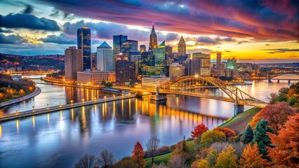 Obraz premium Stunning Pittsburgh Skyline at Dusk with Illuminated Buildings and a Scenic River View in Autumn