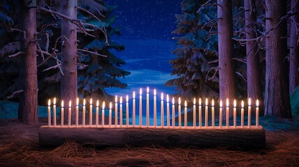 Obraz premium Row of burning candles on a log in a snowy forest at night.