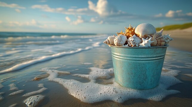Serene beach scene with a vintage green pail filled with seashells and sea urchins on a sunny shore. Nostalgic summer vibes, perfect for vacation themes, banners, invitations, and relaxation