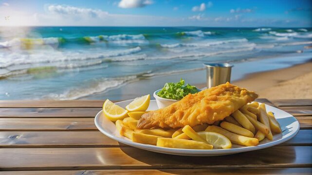 Fish and Chips on a Wooden Table with a Beach View