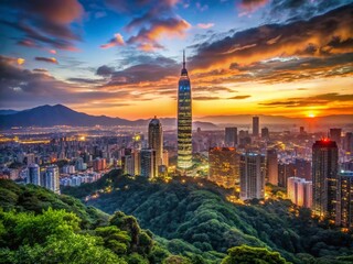 Fototapeta premium Stunning Taipei Skyline at Dusk with Vibrant City Lights and Majestic Mountain Backdrop