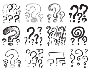 Set of different sketched question marks. Quiz symbols collection, minimalist interrogation signs, simple rebus icons, questions vector illustration. Hand drawn imitation