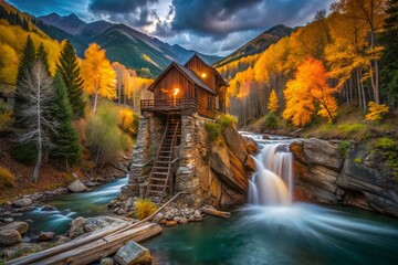 Stunning View of Crystal Mill Surrounded by Vibrant Fall Foliage in Marble, Colorado Mountains