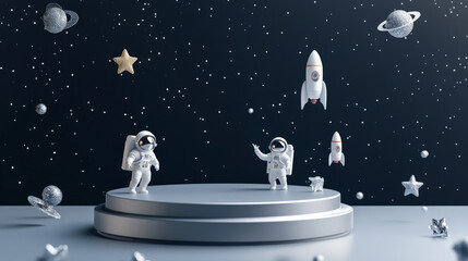 A futuristic silver podium with space-themed decorations like floating astronauts, rockets, and stars, set against a dark starry sky celebrating World Space Week.