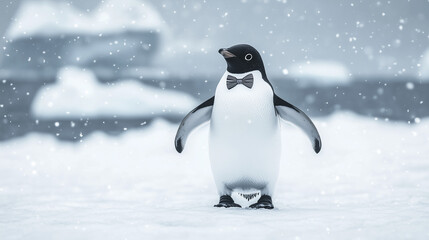 Fototapeta premium Penguin wearing a bow tie standing gracefully in a snowy landscape