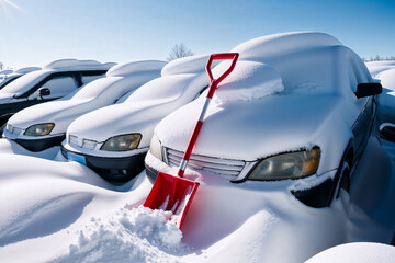 Several cars are buried under deep snow in a parking lot after a heavy snowstorm. A red snow shovel is leaning against one of the cars. The process of snow removal in a cold and very snowy winter.
