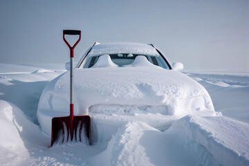A car buried under deep snow after a heavy snowstorm on a snow covered road. A snow shovel is leaning against the car. The process of clearing snow from the road in a cold and very snowy winter.