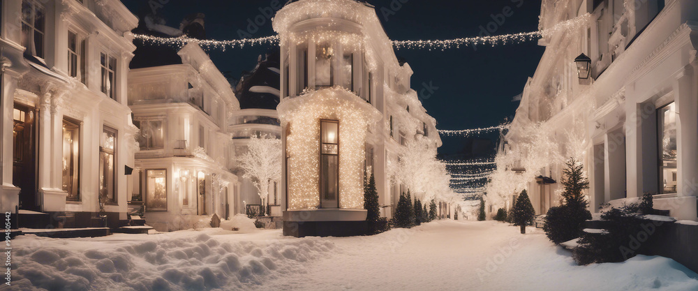 Canvas Prints Ornate streetscape of white houses illuminated by Christmas lights