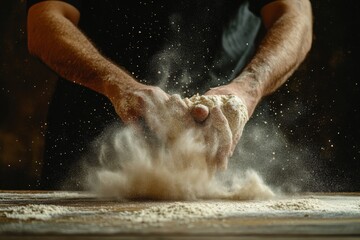 Fototapeta premium A man is preparing bread dough at a bakery table made of wood