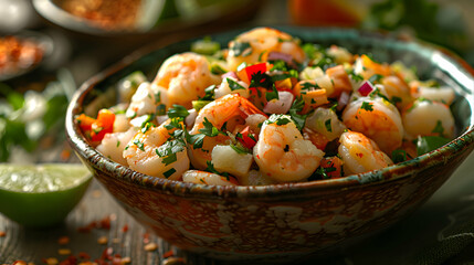 A bowl of fresh ceviche with shrimp, lime, and cilantro, captured using an ultra HD camera with a ring light for even illumination