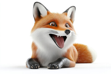 Obraz premium This graphic portrays a cheerful red fox lying down with a wide grin, emanating a sense of joy, playfulness, and friendliness in a realistic 3D cartoon artwork.