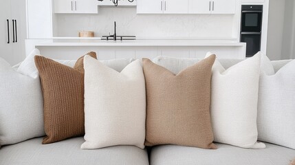This cozy living room features a light grey couch with decorative pillows and a throw blanket, highlighted by a black chandelier and white cabinets in the background