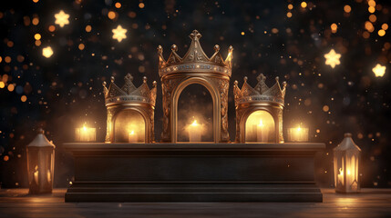 A podium adorned with three majestic crowns, glowing lanterns, and sparkling stars, creating a royal setting for Three Kings Day.