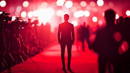 Celebrity Spotlight: Person Standing on Red Carpet Amid Flashing Cameras