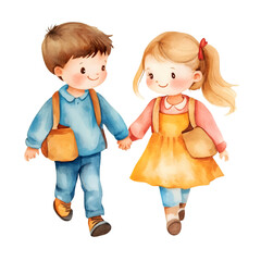 Cute School Kids Holding Hands Walking Together With Smiling Faces Wearing Colorful Clothes In Watercolor Illustration, Cutout, Isolated on Transparent PNG/White Background.