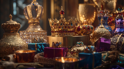 A podium surrounded by golden crowns, frankincense containers, and jewel-toned presents, creating a royal and festive display for Three Kings Day.