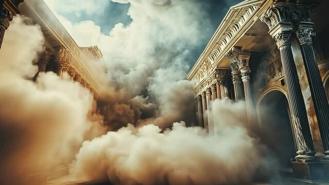 Smoke billows around classical buildings with columns, classical, sky, cloud, fog, atmosphere, mystery