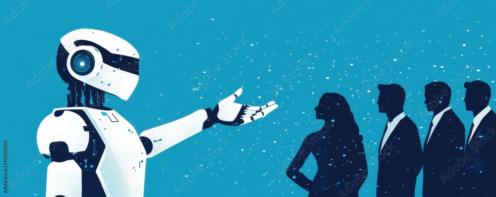Poster illustration of ai robot interacting with business people in a futuristic setting symbolizing techno