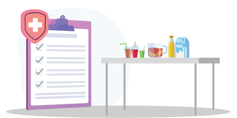 Drinks with care plan maintaining food quality and drink quality assessment checking food quality of fruit juice preserving quality control guidelines. Medical food safety laws and health strategies