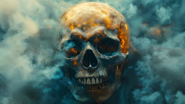 A haunting image of a human skull surrounded by smoke, symbolizing death and environmental pollution