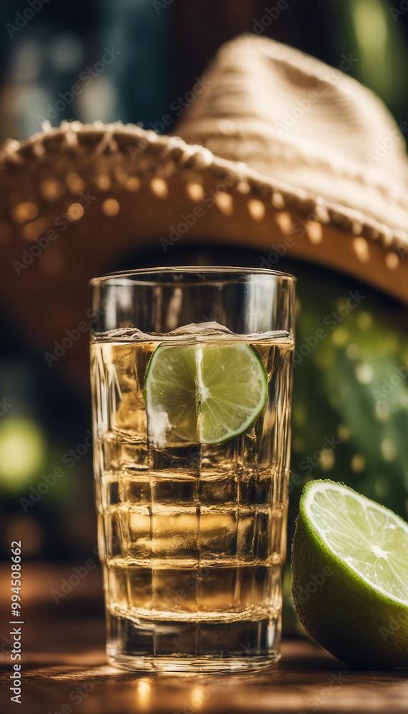 Poster tequila with lime on a background of sombrero and cactus vertical