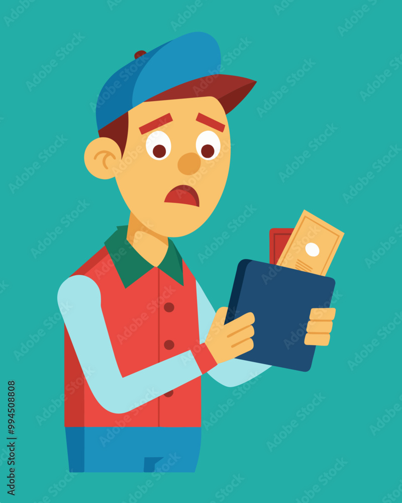 Poster a worker checks their wallet during payday shocked to find it empty due to unexpected expenses.. vec