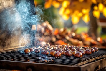 An abundance of nuts is piled up on a black wooden board. The nuts in blue smoke are stacked on the table. Contrasting dramatic light is used to create this artistic effect.