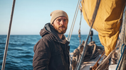 Fototapeta premium An image of a bearded man in casual wear enjoying a day on a sailboat with a prominent yellow sail against the backdrop of the vast blue ocean.