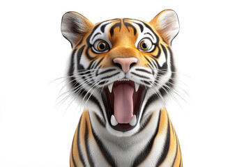Obraz premium A bold animated tiger with a fierce roar, facing the viewer head-on, displaying its sharp teeth and vibrant fur pattern, set against a plain white background.