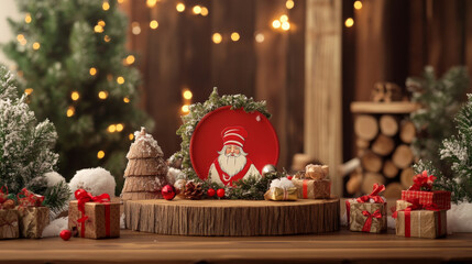 A wooden podium adorned with Saint Nicholas-themed decorations, candy, and small gifts, set against a cozy winter backdrop for Saint Nicholas Day.