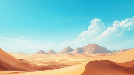 Naklejka premium Expansive Desert Landscape with Rolling Dunes and Distant Mountains Under a Blue Sky with Fluffy Clouds